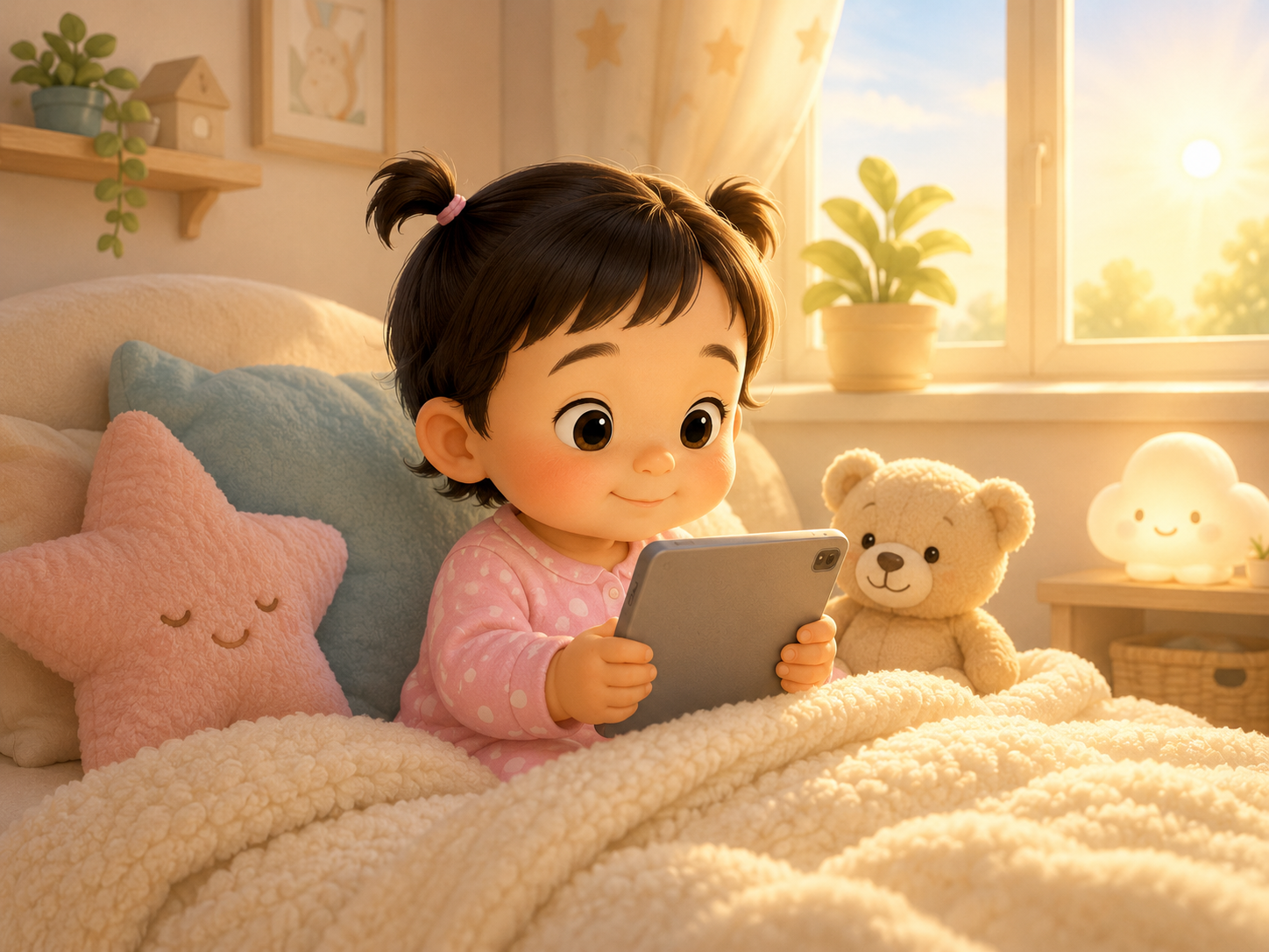 Toddler watching Snapatoonies calmly in bed in the morning light