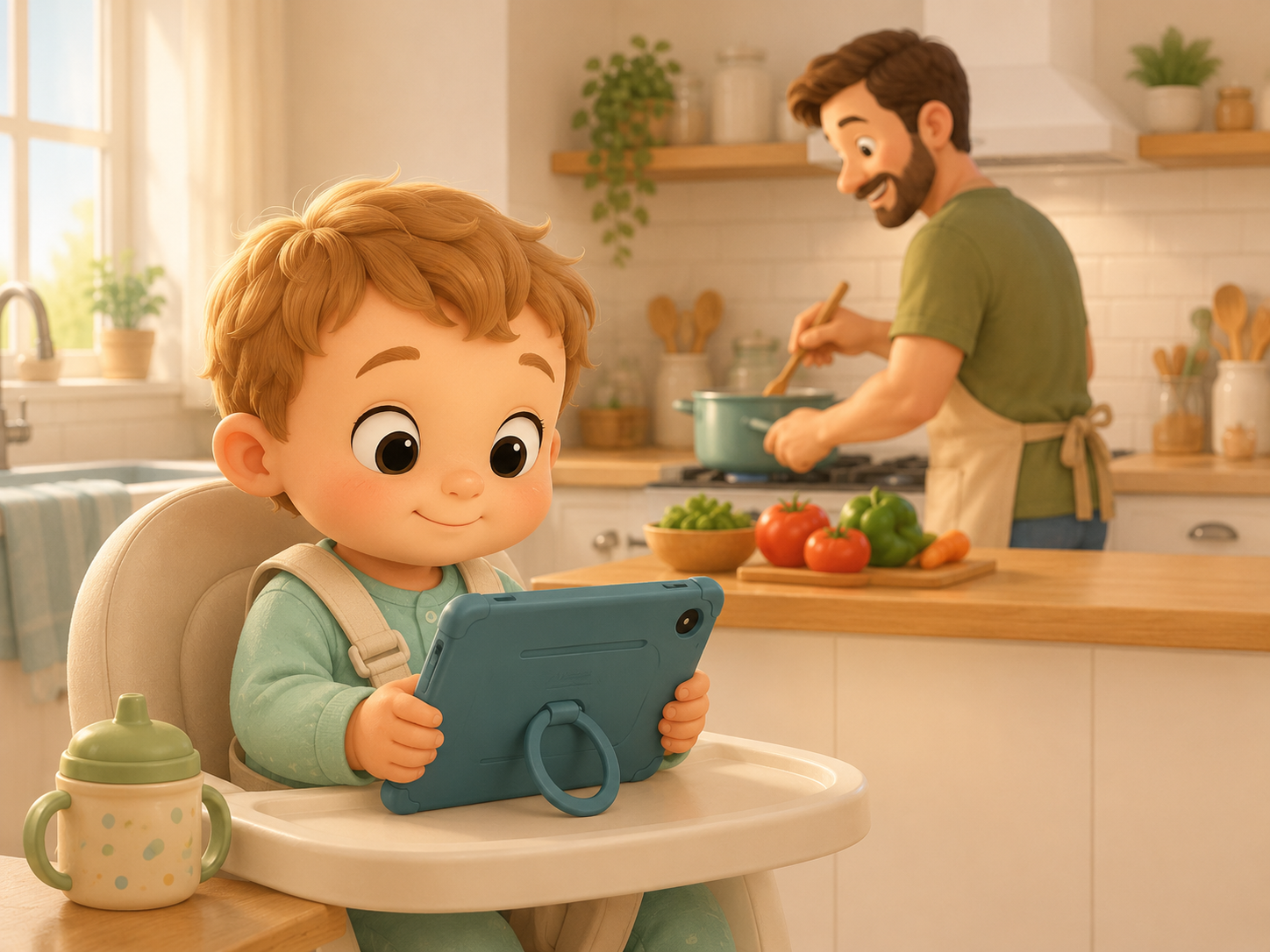 Toddler watching Snapatoonies in a high chair while a parent cooks dinner