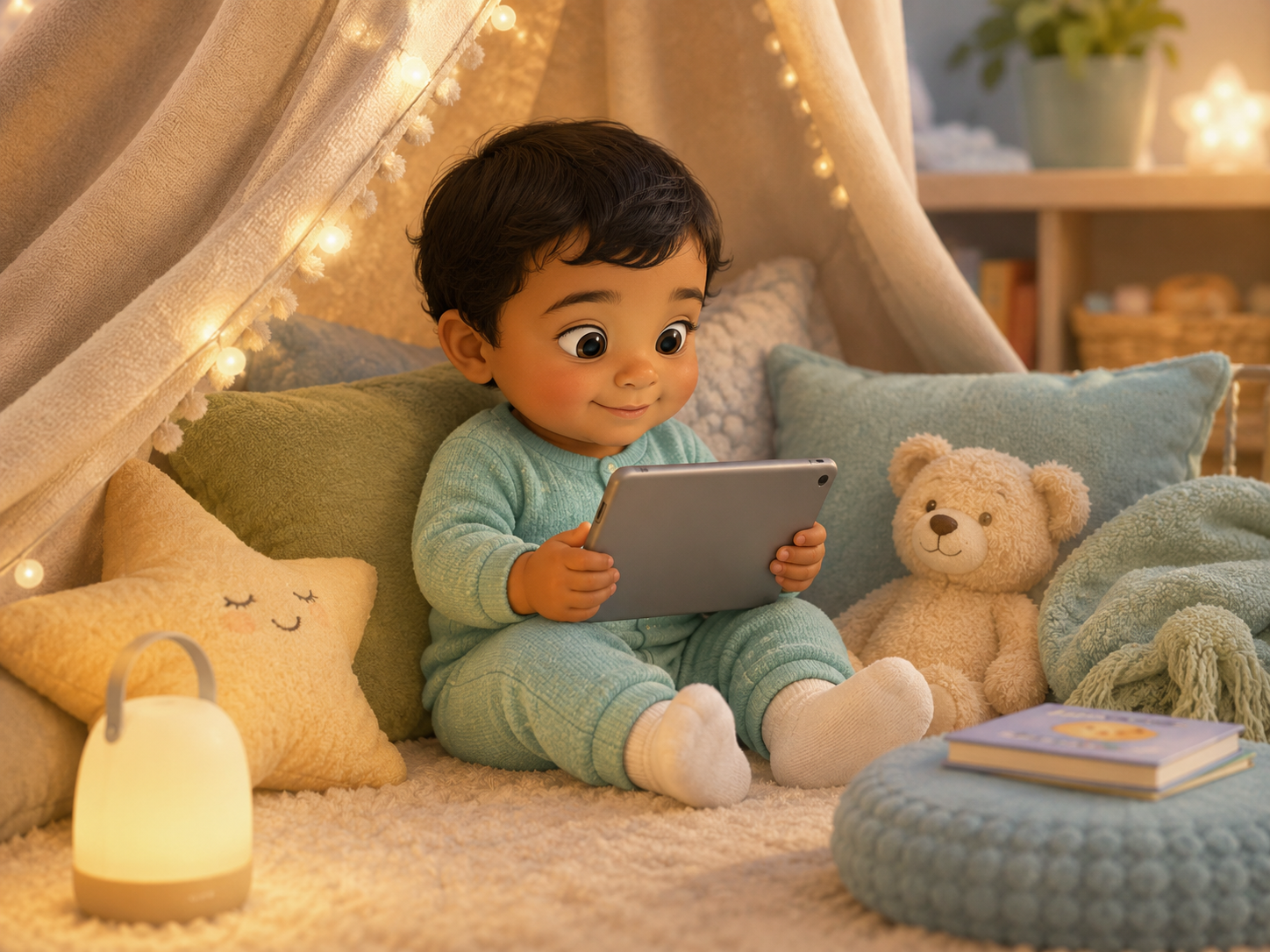 Toddler watching Snapatoonies quietly in a cozy blanket fort