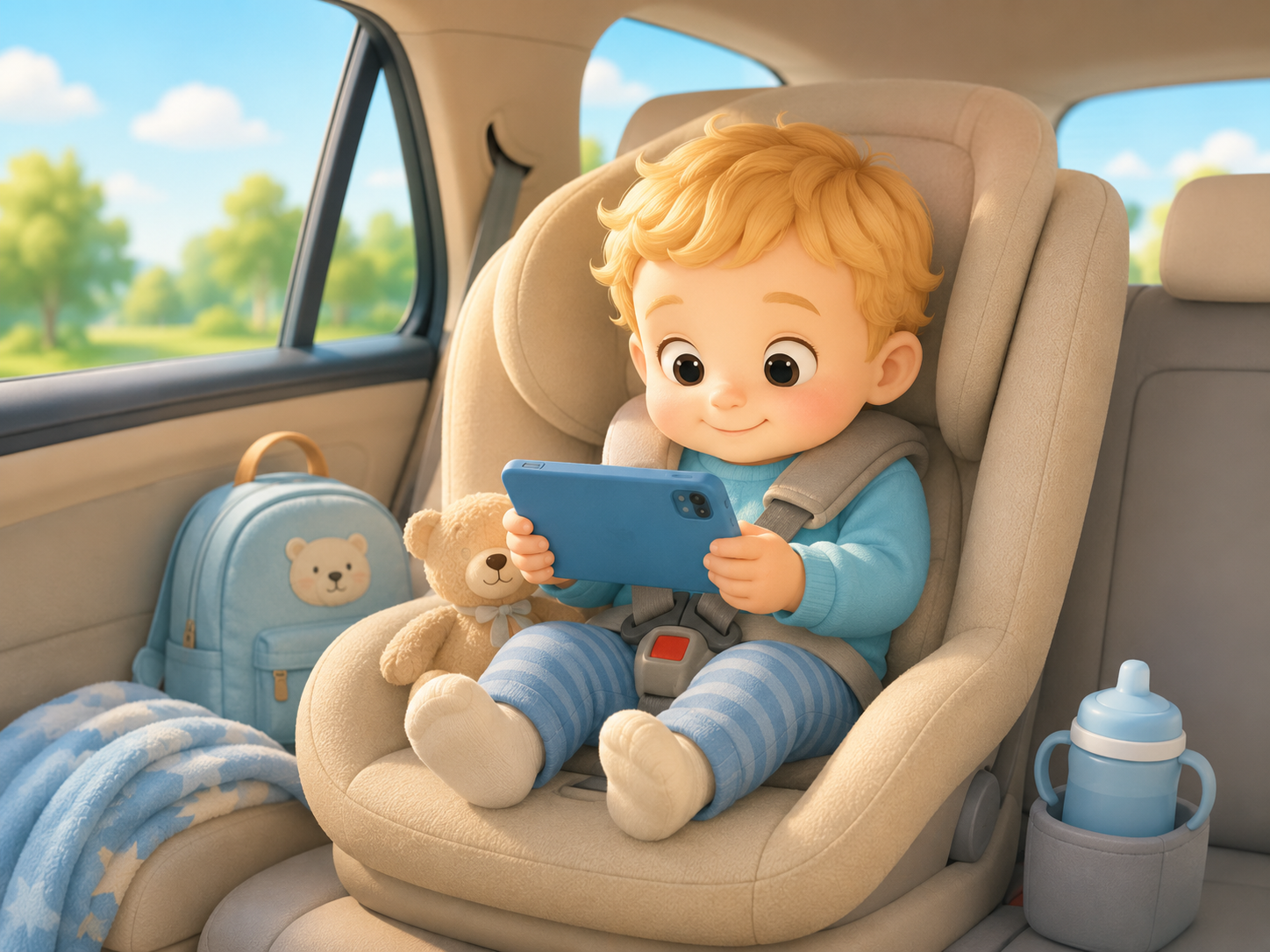 Toddler watching Snapatoonies on a tablet in a car seat