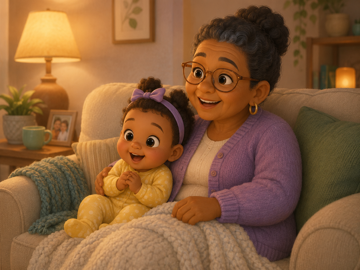 Toddler watching Snapatoonies on the couch with grandma